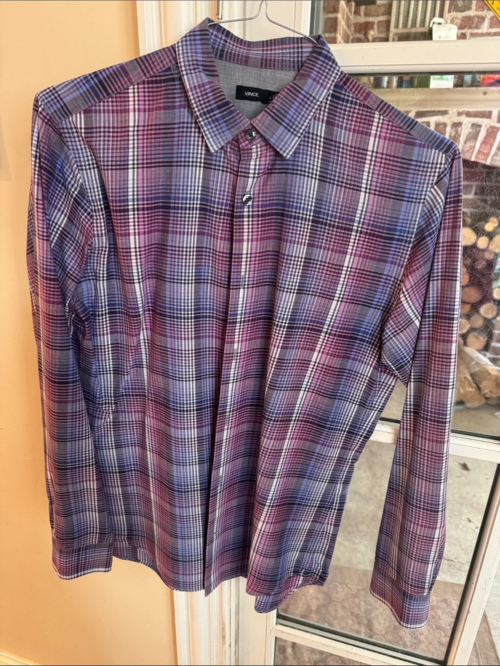 Vince Purple and Blue Plaid Button-Down Shirt- Medium